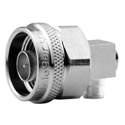 Metal coaxial connector in close-up, with 'Telegärtner' engraved on its front face, set against a white background.