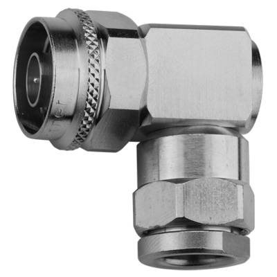 A metallic angled plug with a threaded screw, likely for electrical or hydraulic connections in technical applications.
