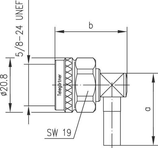 Technical drawing of a connector with dimensioning. Shows diameter, lengths, thread size (5/8-24 UNEF) and spanner size (SW 19).