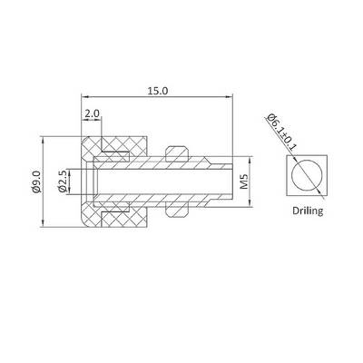 Technical drawing of a pin, showing dimensions of length 15.0 mm, bore Ø6.1 mm ±0.1, diameter Ø9.0 mm. Marked as 'Drilling'.
