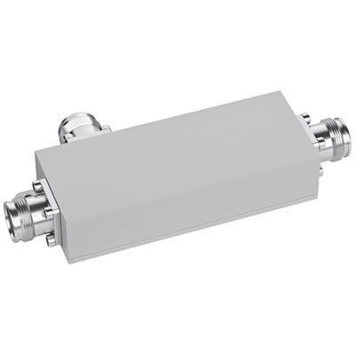A rectangular metallic device connector with two cylindrical plug connections at its ends, potentially for electrical or communication purposes.