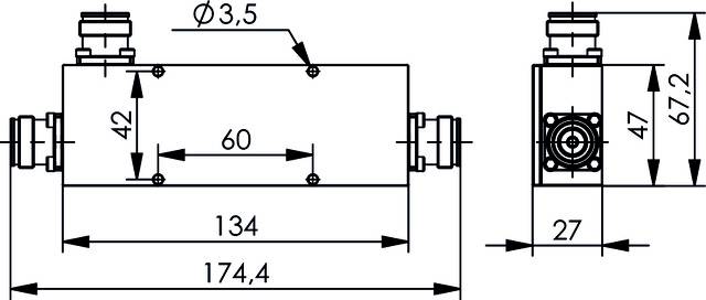 Technical drawing of a rectangular device with various dimensions and connection details, including diameter and length.