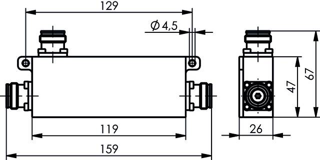 Technical drawing of a rectangular component with dimensions: Length 159 mm, Width 26 mm, Height 67 mm. Connections on the top and sides.