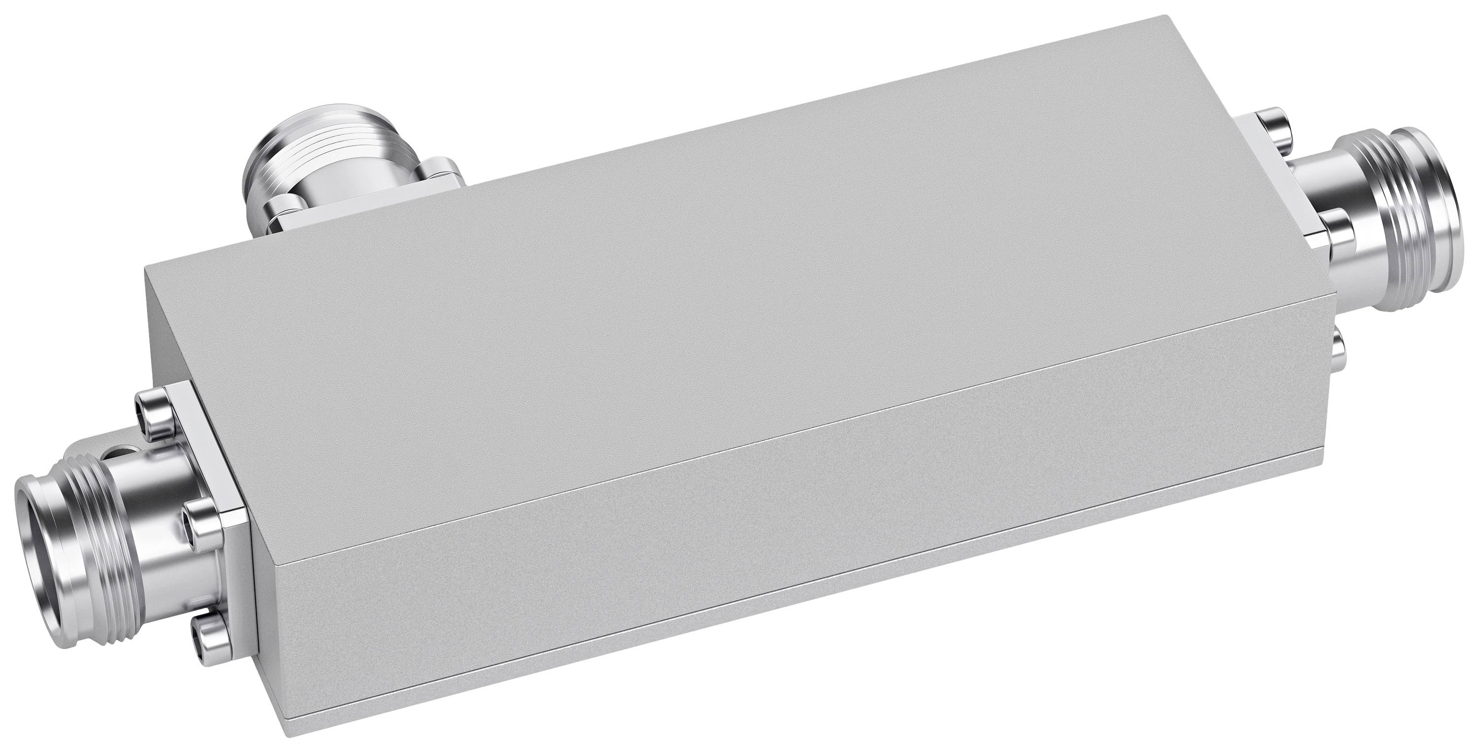 A rectangular, metallic RF coupler with connections at both ends. Used in telecommunications systems for signal distribution.