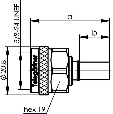 Technical drawing of an adapter with thread specifications '5/8-24 UNEF' and 'hex 19'. Width 'a' and length 'b' are marked.