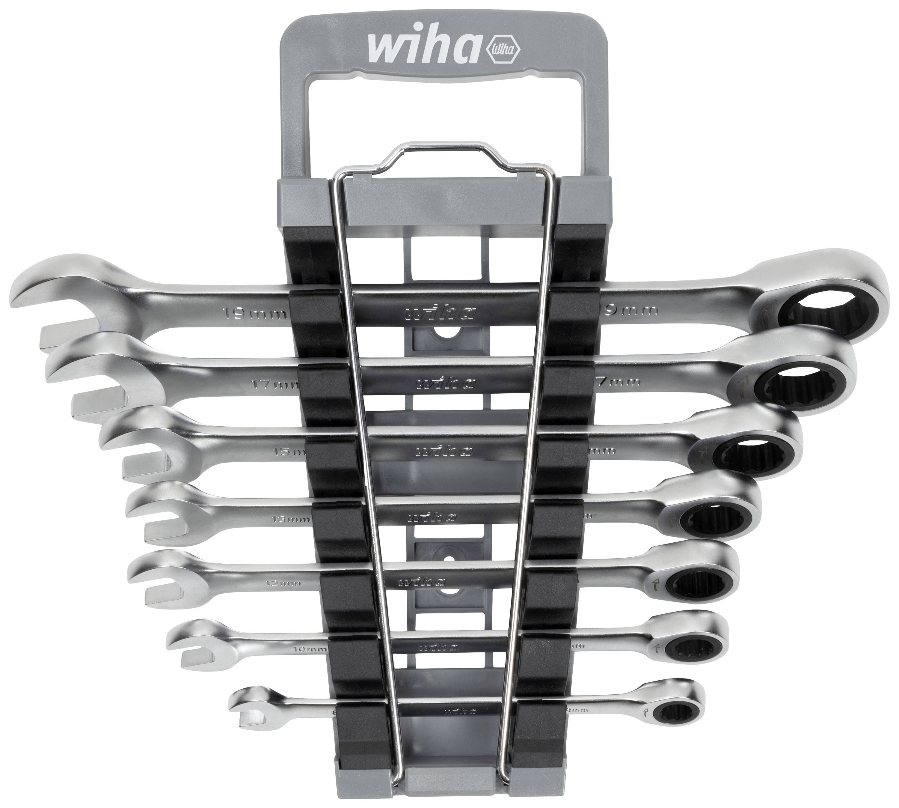 'Set of ring spanners in holder, sizes 8 to 19, brand name 'Wiha', steel, presented in an orderly arrangement for easy access.'
