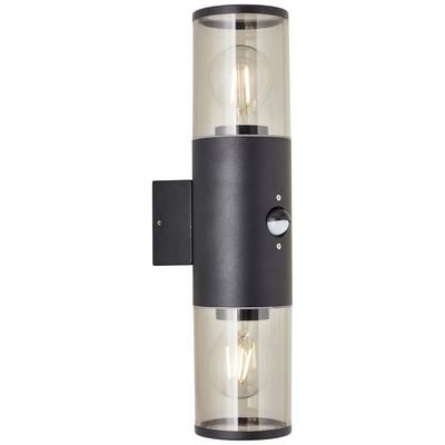 Black wall light with two visible light bulbs, mounted on a rectangular wall plate. Vertical design for indoor or outdoor use.