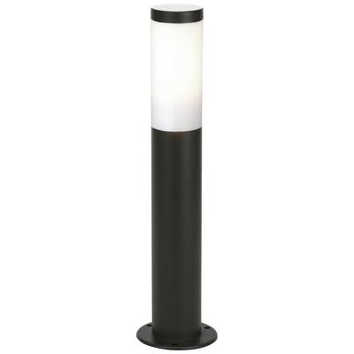 A black exterior light in a cylindrical form with a white, translucent upper section for light emission.