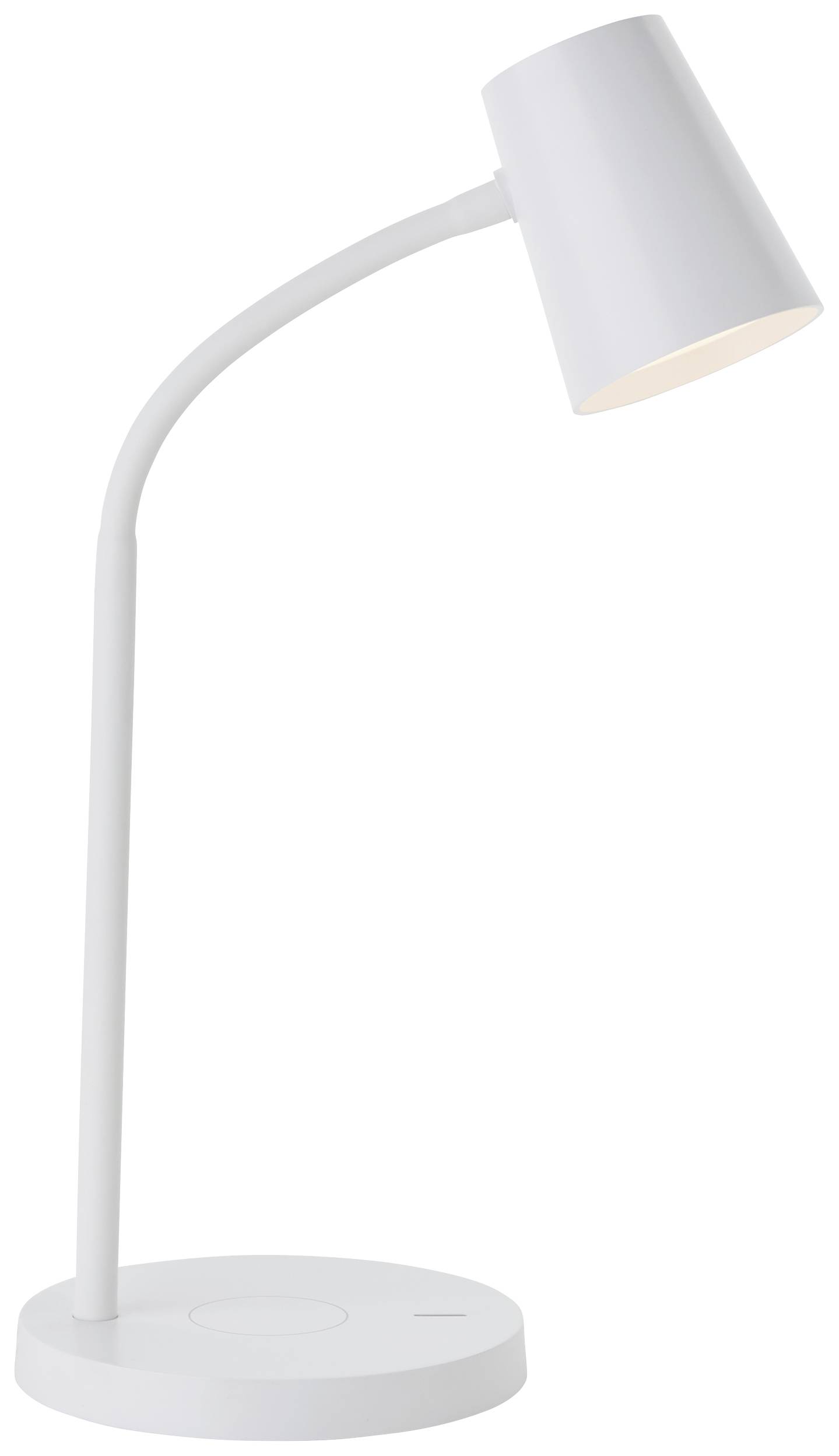 White, modern desk lamp with a curved arm and a conical lampshade, suitable for reading or writing desk illumination.