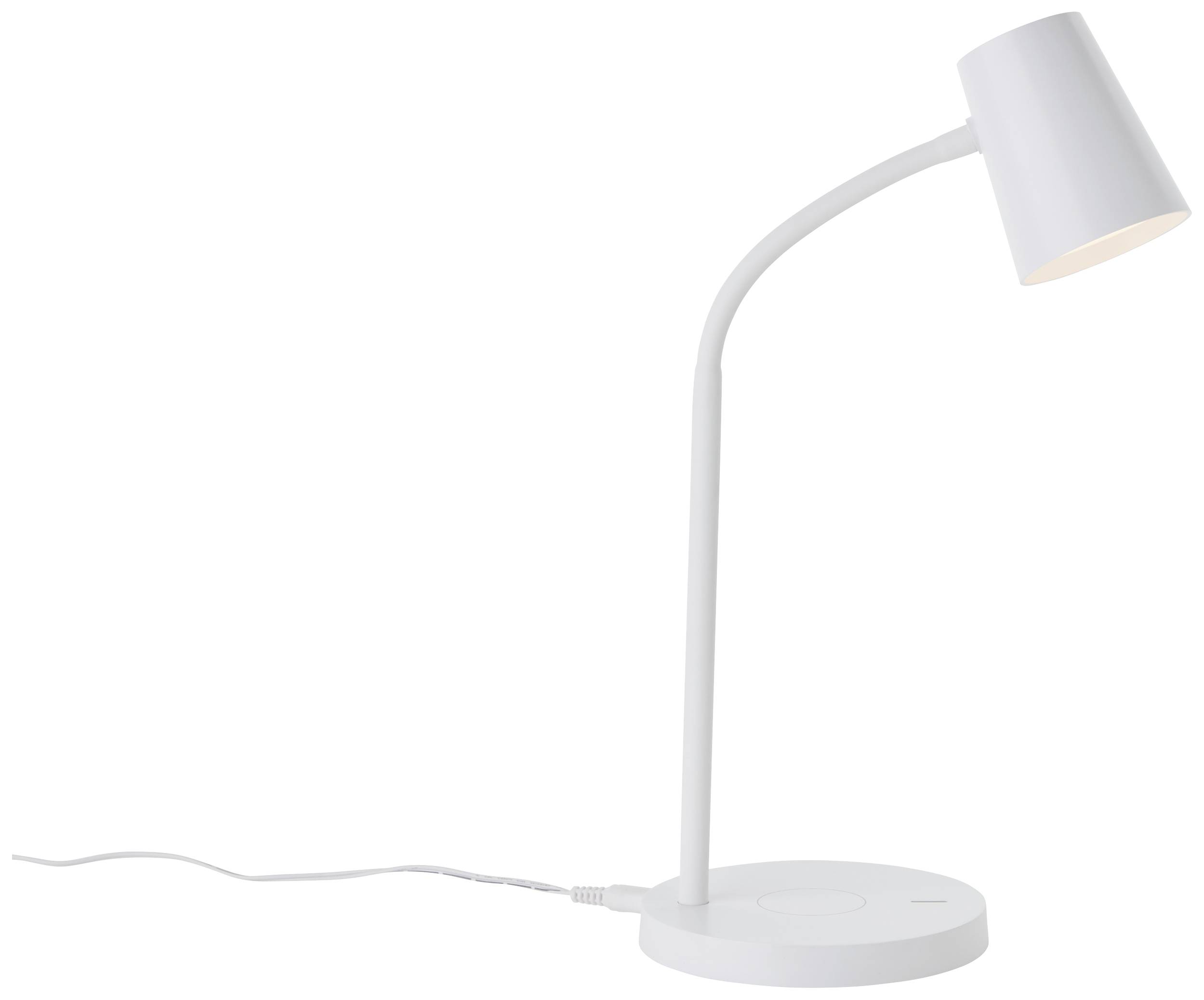 White desk lamp with a curved arm and round base, connected to a power cable, designed for modern interior spaces.