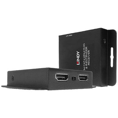 Two black HDMI extenders by Lindy. One is lying flat, the other is standing, both showing HDMI ports.