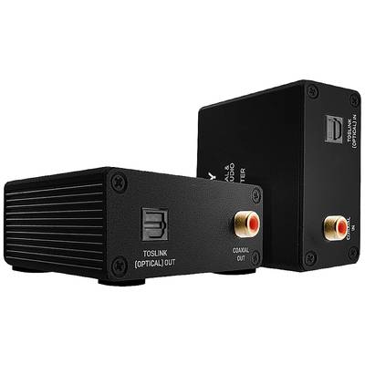 Two black audio converters with labels 'TOSLINK (OPTICAL) OUT' and 'COAXIAL OUT' show digital audio outputs.
