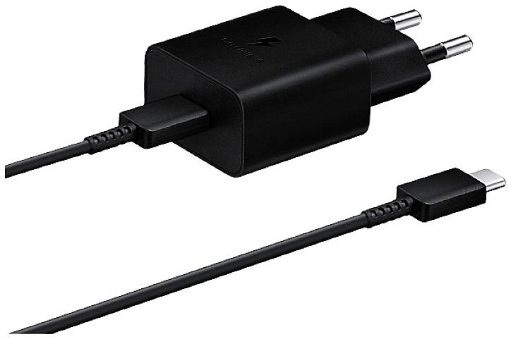 Black USB-C charger with cable, Euro plug and fast charging function. Suitable for many electronic devices and smartphones.