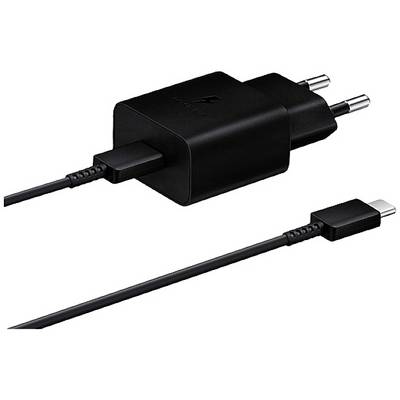 Black USB-C charger with cable, Euro plug and fast charging function. Suitable for many electronic devices and smartphones.