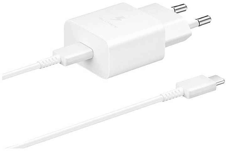 A white USB-C charger with attached cable, suitable for European plug sockets.
