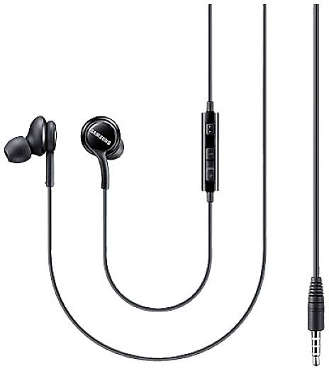 Black wired in-ear headphones with built-in volume and call control remote, featuring a 3.5mm jack.