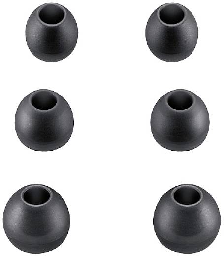 Six black, round earbud tips arranged in two rows, shown in different sizes.