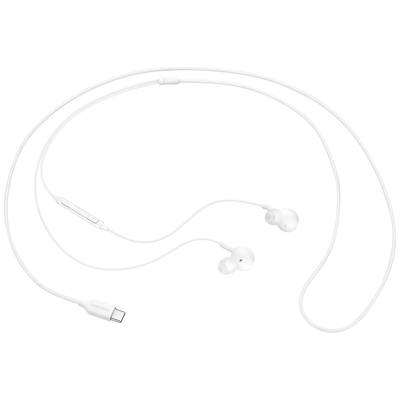 White wired earphones with USB-C connection and built-in microphone.