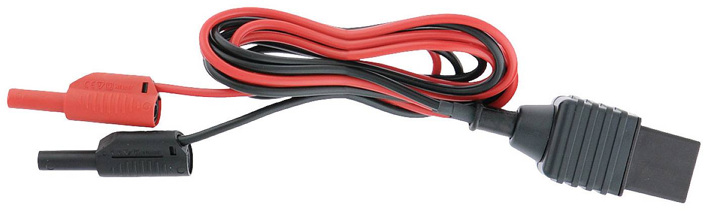 A black and red battery cable with crocodile clips and an adaptor plug, suitable for connecting to a car battery.