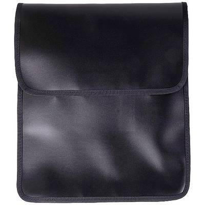 Black, rectangular flap bag with a simple design, made from glossy material.