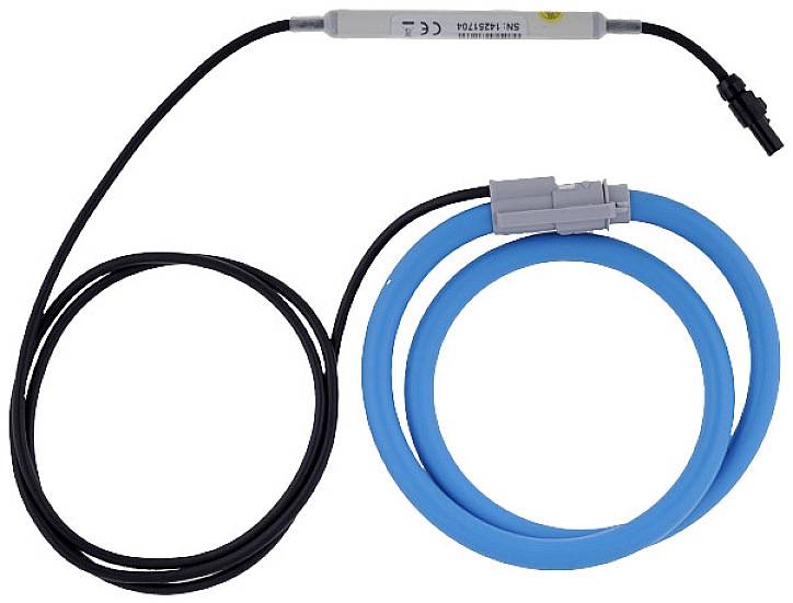 A blue and black cable with a plug and a cylindrical sensor, connected for measuring electrical currents.