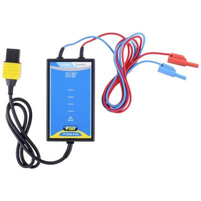 A blue testing adapter with red and blue cables, used for electrical safety testing. Markings indicate voltage range.