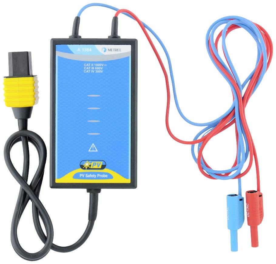 A photovoltaic safety testing device with a blue surface and positive/negative cables for voltage testing.