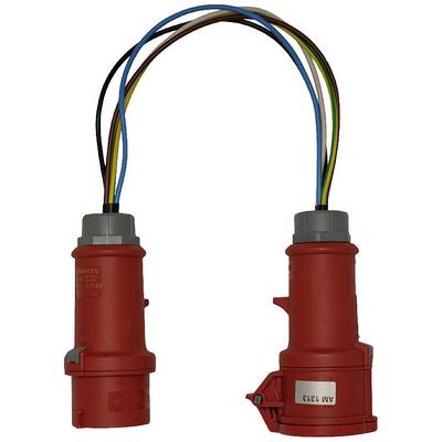 Two red electrical connectors, connected by multicoloured cables. The left plug is open, the right one closed.