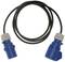 A blue CEE extension cable with two plugs at the ends, suitable for use in motorhomes or at campsites.