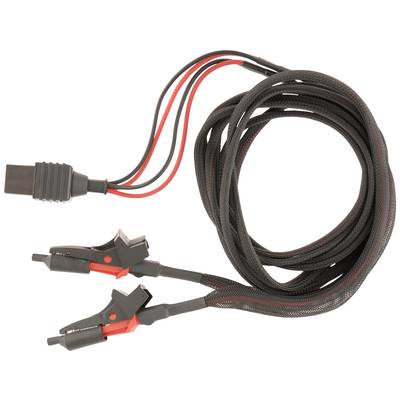 Black and red battery cable with two clamps and a connector, used for charging or powering devices.