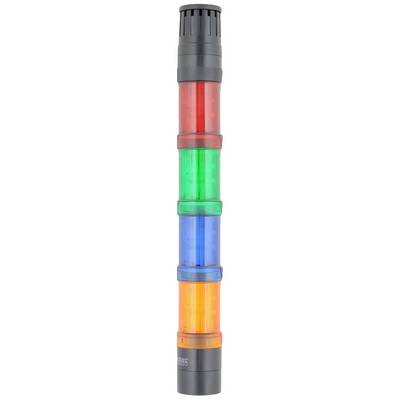 A signal column with four coloured lights: red, green, blue and orange, stacked in a vertical arrangement.
