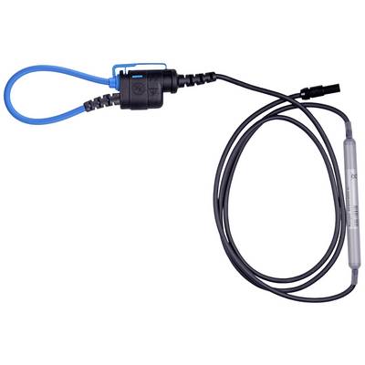 'Measuring sensor with cable' shows a sensor device with a blue safety lanyard and a long cable used for electronic measurements.