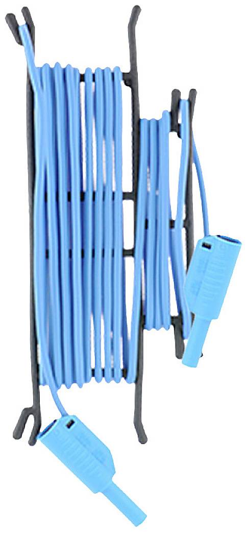 A blue garden hose neatly coiled around a black mounting bracket, with two visible connections.