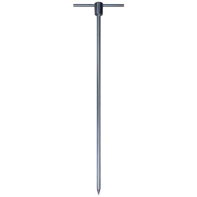 A metallic earth auger with a long, slender rod and crossbar, used for soil investigations or setting posts.