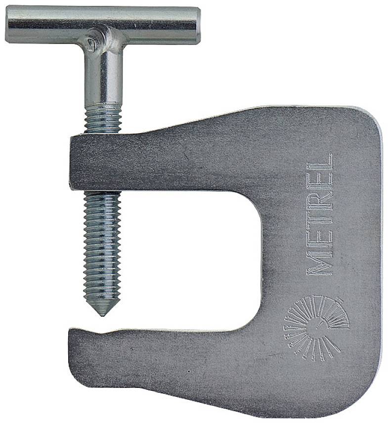 Metallic clamp with a T-shaped handle, marked with 'METREL' and a sun logo.
