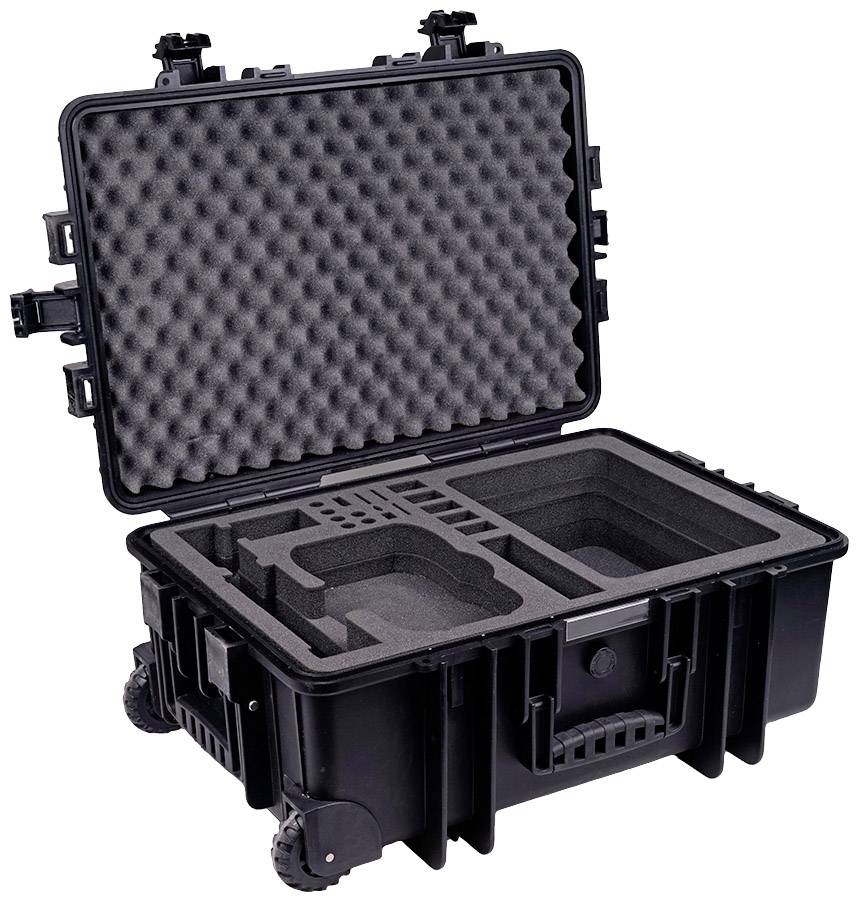 Black, robust transport case with an open lid and foam inserts for the secure transportation of delicate equipment.