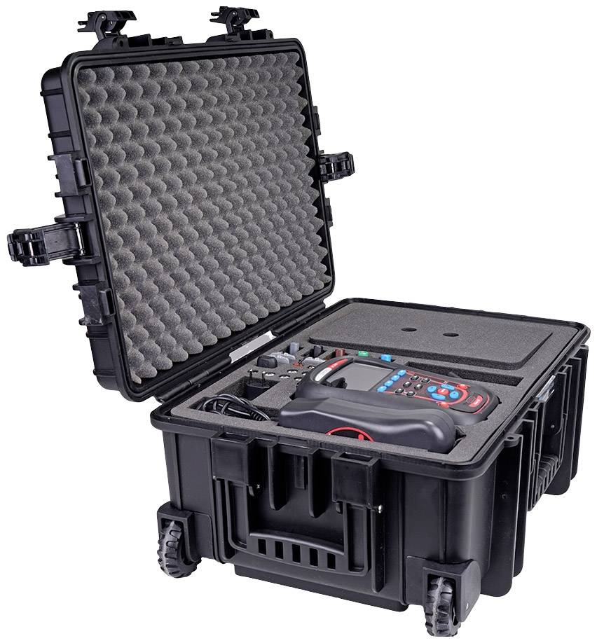 An open black hard-shell case reveals a portable electronic device with keys and display, nestled in foam padding.