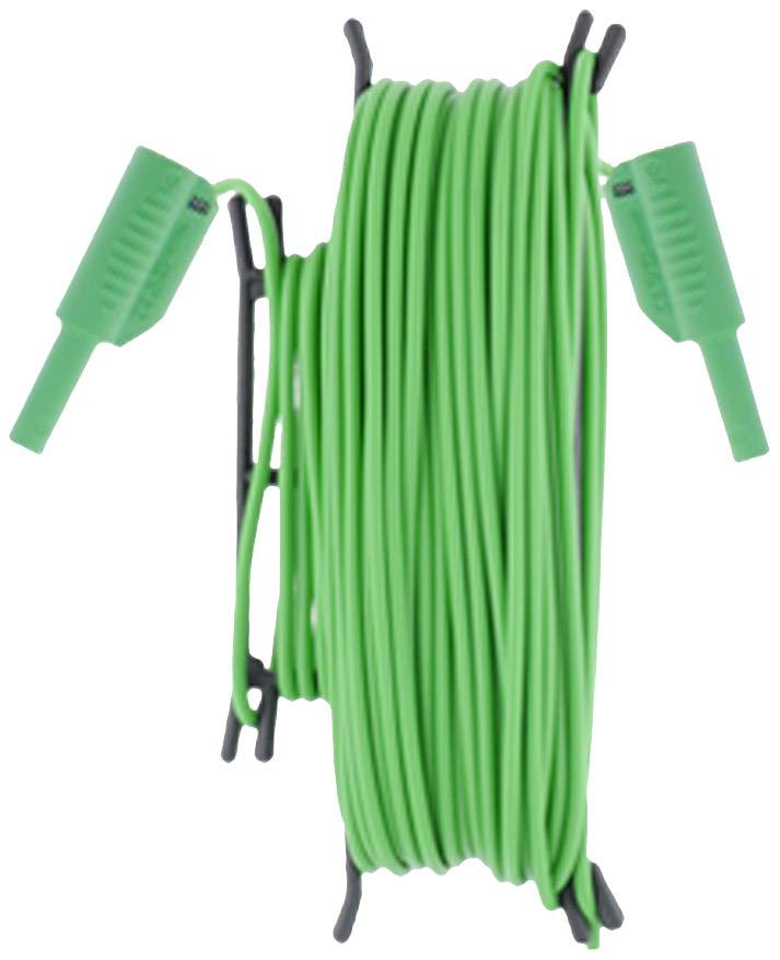 Green electrical cable reel with two plugs, wound on a black holder. Suitable for electrical connections or repairs.