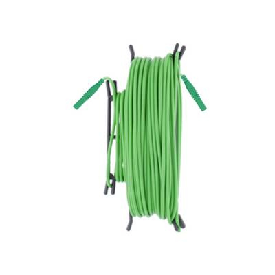 Coiled green garden hose on a black wall-mounted holder against a white background.