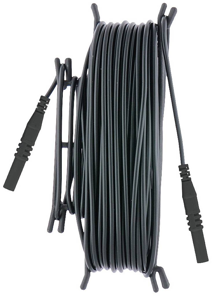 A long, black cable wound on a reel with plugs at both ends. It is suitable for electronic connections.