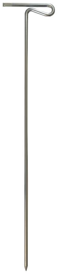 A straight metal tent peg with a hook at the top and a sharp point at the bottom, suitable for securing tent guy lines in the ground.