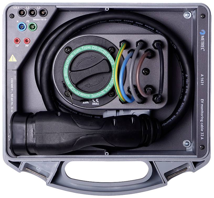 Electric vehicle charging point with plug connection and cable. Cable coiled within a rectangular housing with a handle at the bottom.