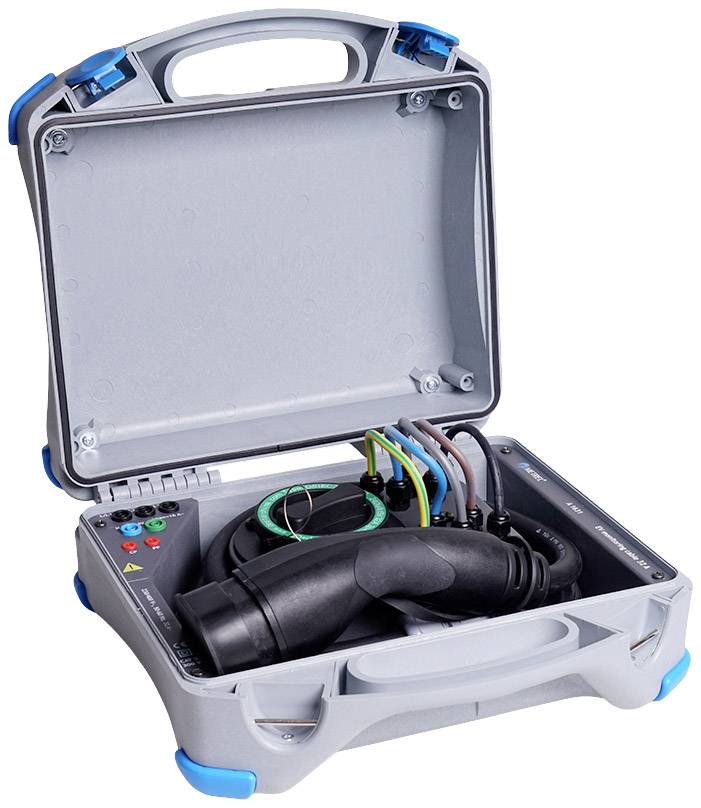 A portable electrical testing device, opened, showing cables and control buttons. Primarily for electricians.