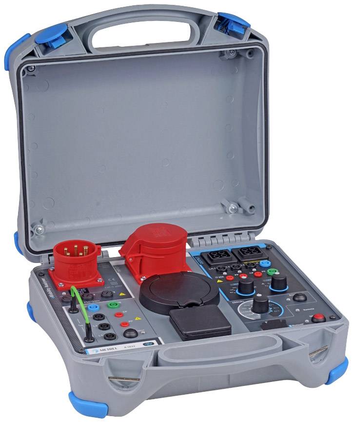 A portable, open electrical tester with various measuring devices, buttons, and connections for checking electrical equipment.