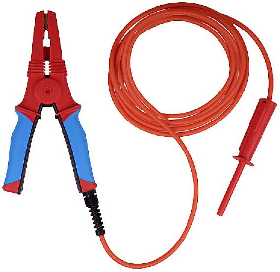 Red test lead cable with crocodile clip on the left and test probe on the right. Suitable for electrical tests and measurements.