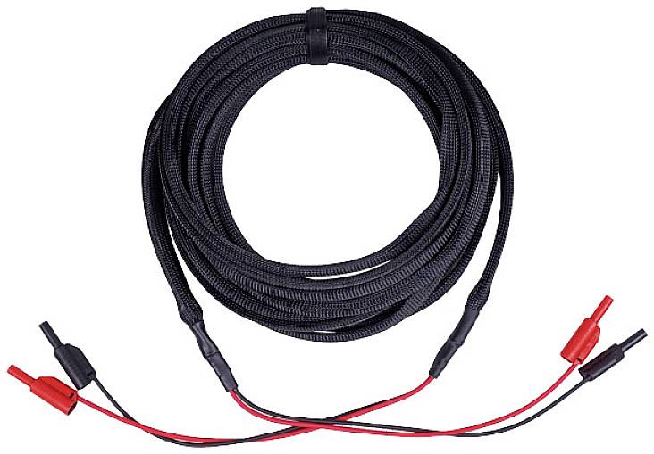 Black extension cable with red and black plug ends. Suitable for electrical appliances or testing purposes.