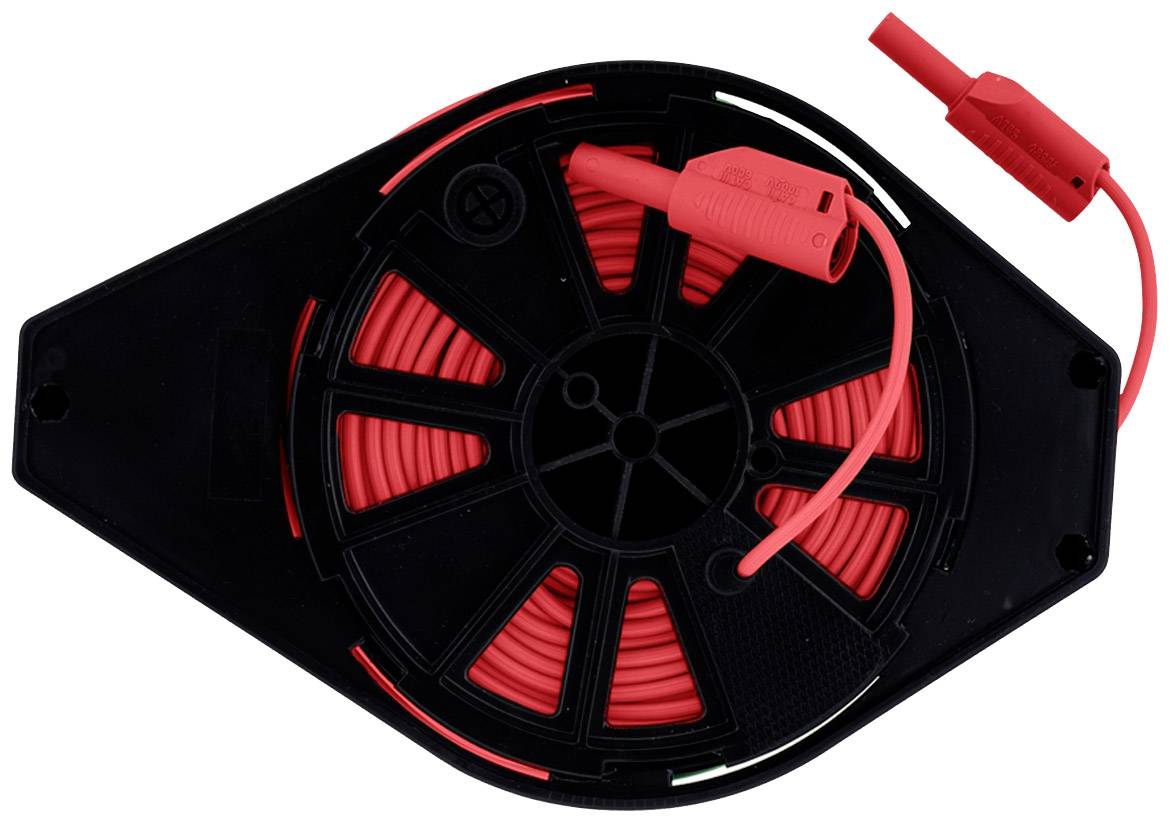 Black plastic housing with a red, coiled cable and two red connectors at the cable ends.
