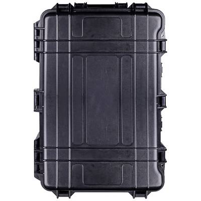 Black, rectangular plastic transport case with robust corners and a sturdy handle on the side.