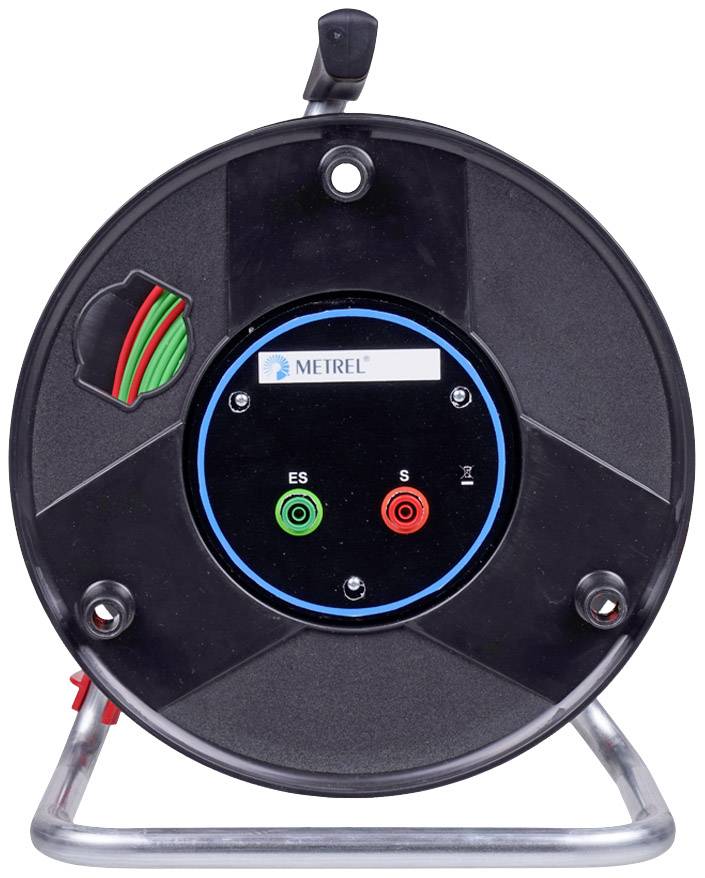 A black cable drum housing with a handle on top. It has two buttons: a green one with 'ES' and a red one with 'S'.