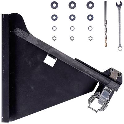 Black wall mounting bracket with mounting accessories: nuts, washers, drill bit, spanner.